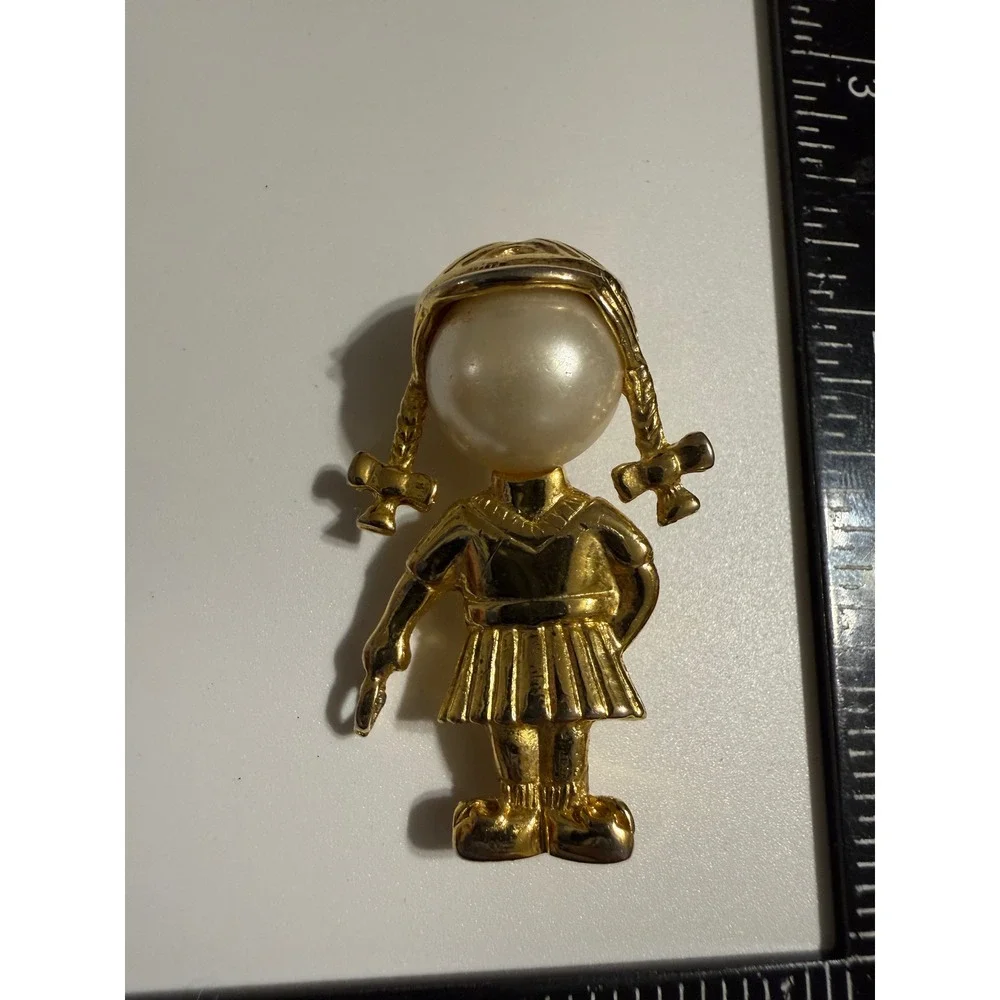 Vintage Gold‎ Tone School Girl Brooch with Faux Pearl Face and Pigtails Signed